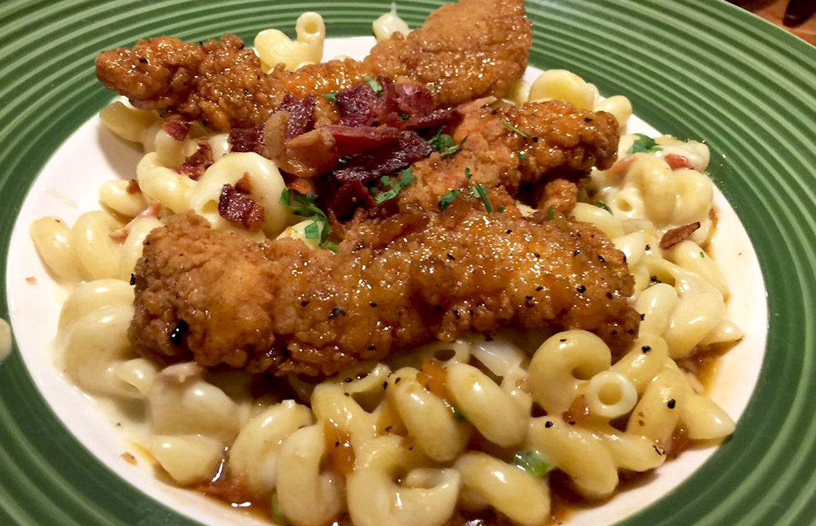 Four Cheese Mac + Cheese With Honey Pepper Chicken Tenders from The